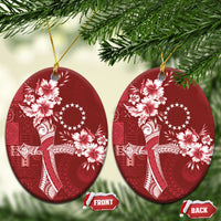Kia Orana Cook Islands Tapa Floral With Cross Ceramic Ornament Crimson Red LT7 Oval Crimson Red - Polynesian Pride