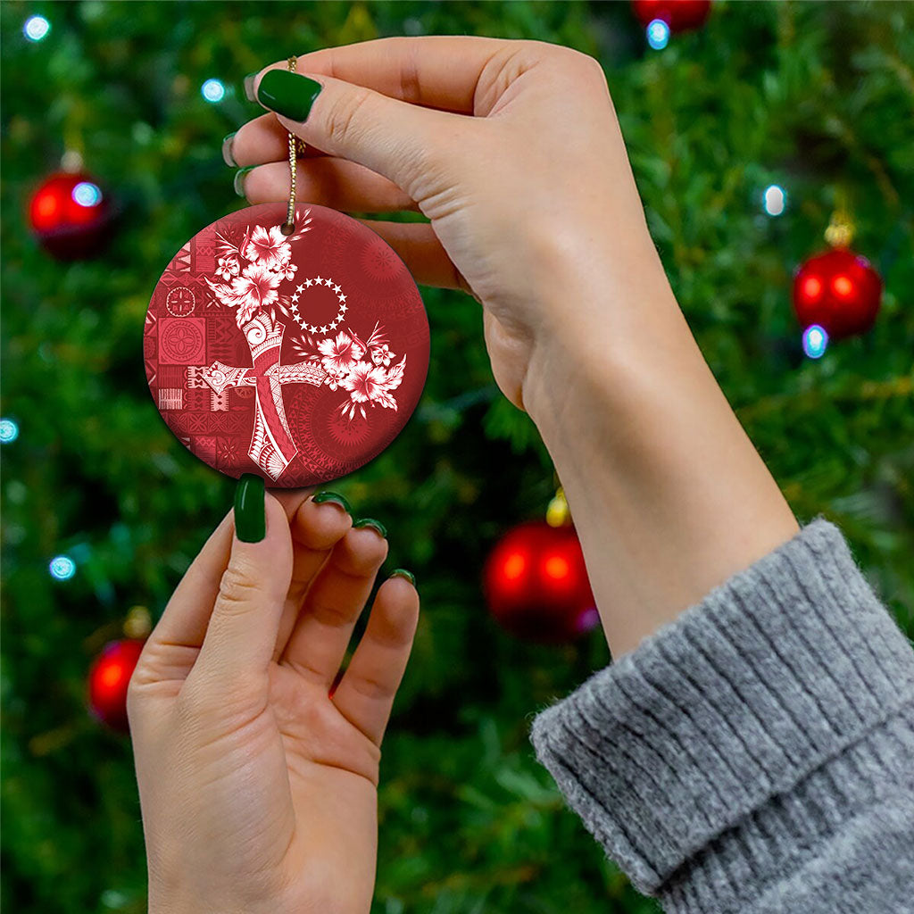 Kia Orana Cook Islands Tapa Floral With Cross Ceramic Ornament Crimson Red LT7 - Polynesian Pride