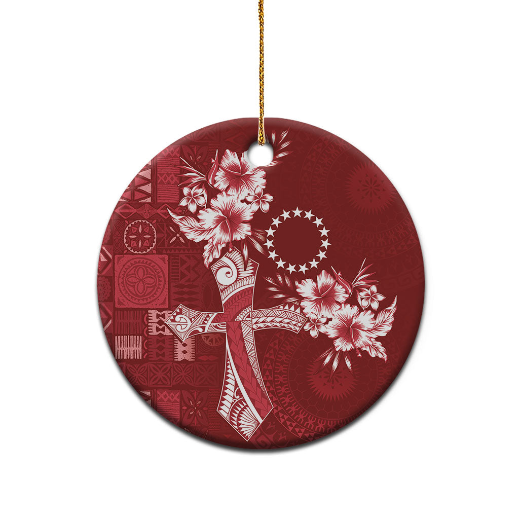 Kia Orana Cook Islands Tapa Floral With Cross Ceramic Ornament Crimson Red LT7 - Polynesian Pride