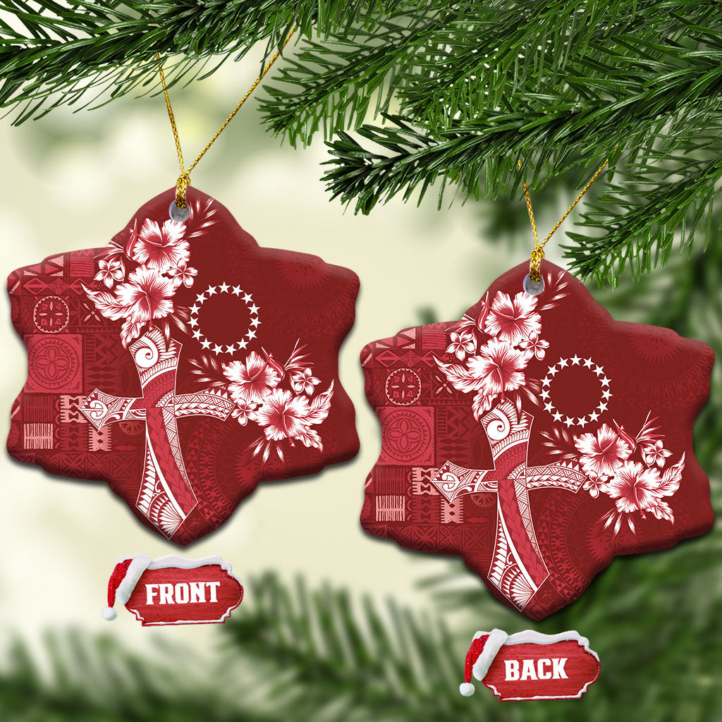 Kia Orana Cook Islands Tapa Floral With Cross Ceramic Ornament Crimson Red LT7 Snow Flake Crimson Red - Polynesian Pride
