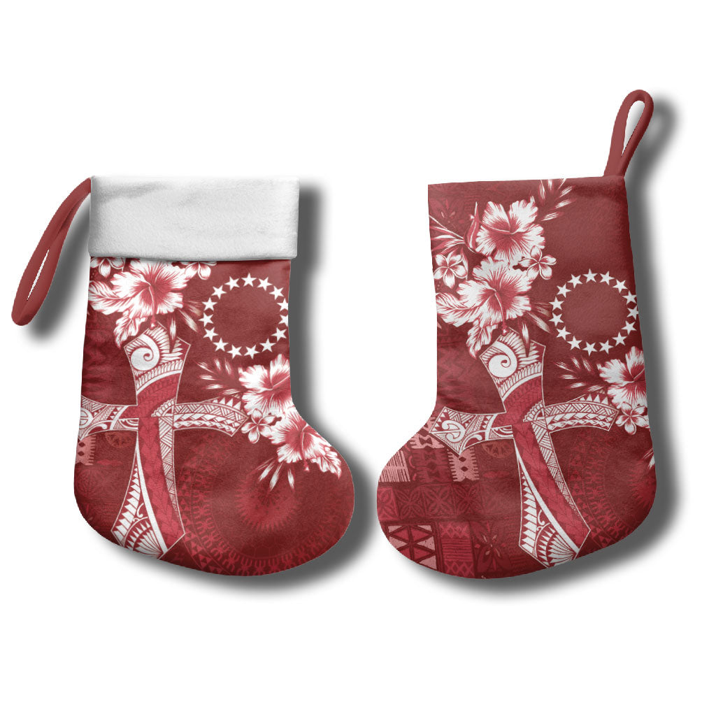 Kia Orana Cook Islands Tapa Floral With Cross Christmas Stocking Crimson Red LT7 - Polynesian Pride