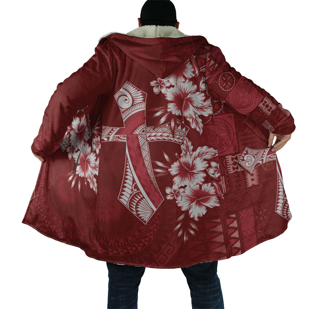 Kia Orana Cook Islands Tapa Floral With Cross Cloak Crimson Red