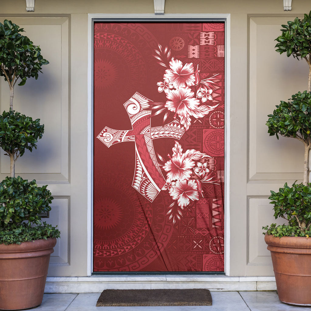 Kia Orana Cook Islands Tapa Floral With Cross Door Cover Crimson Red LT7 Crimson Red - Polynesian Pride