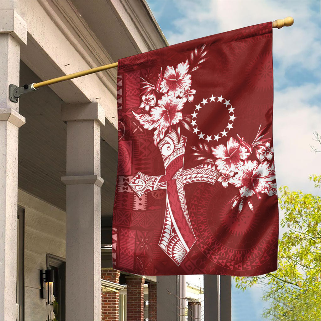 Kia Orana Cook Islands Tapa Floral With Cross Garden Flag Crimson Red LT7 House Flag Crimson Red - Polynesian Pride