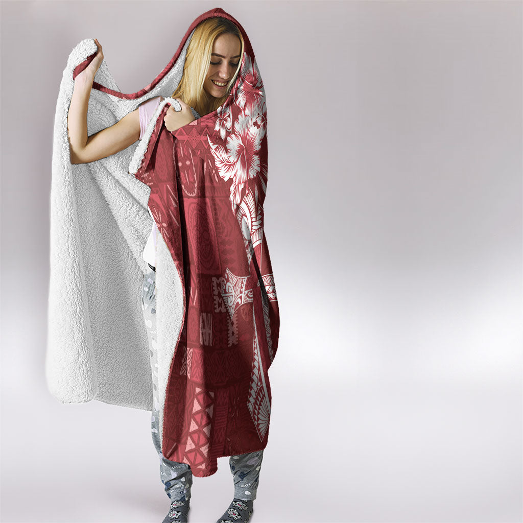 Kia Orana Cook Islands Tapa Floral With Cross Hooded Blanket Crimson Red LT7 - Polynesian Pride