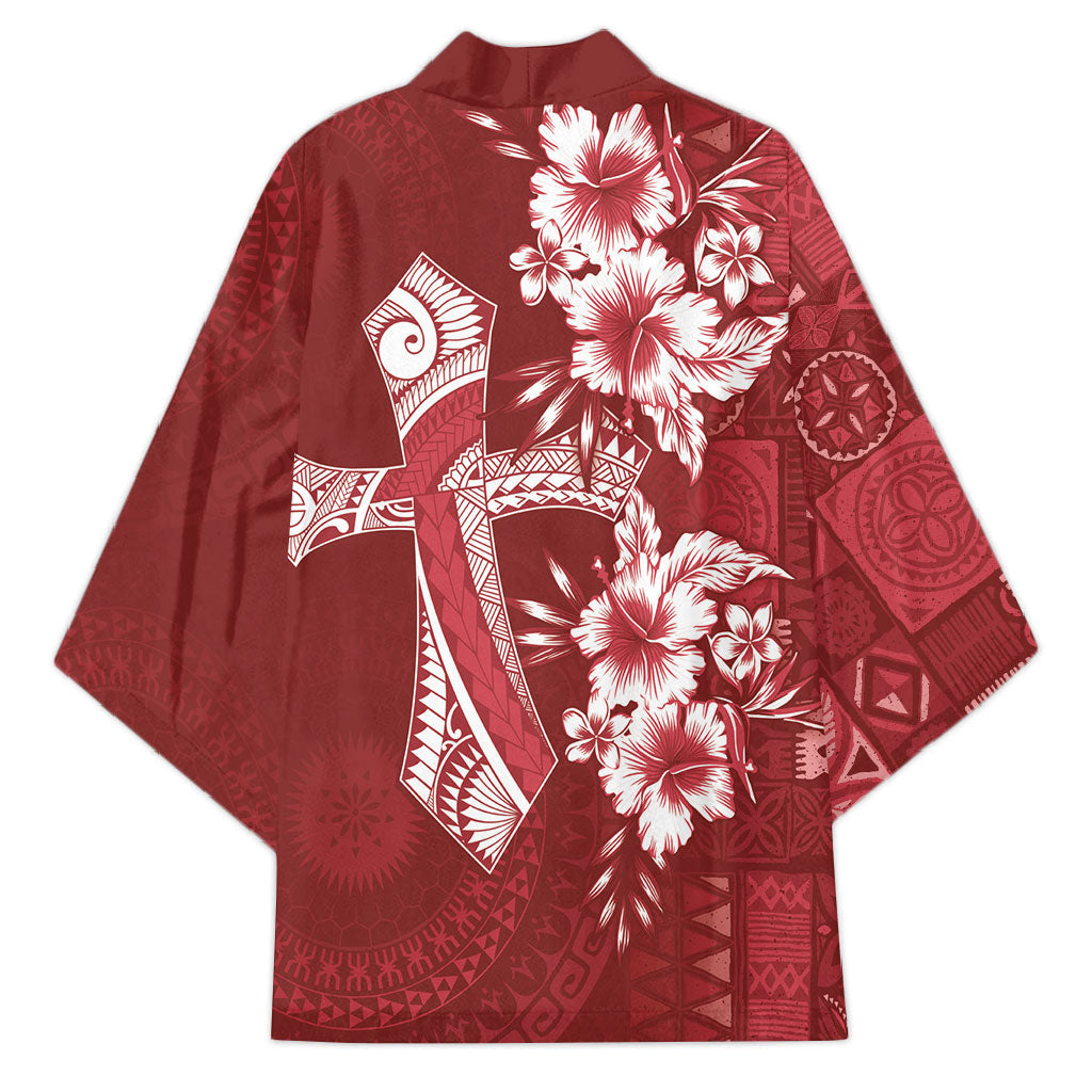 Kia Orana Cook Islands Tapa Floral With Cross Kimono Crimson Red LT7 - Polynesian Pride