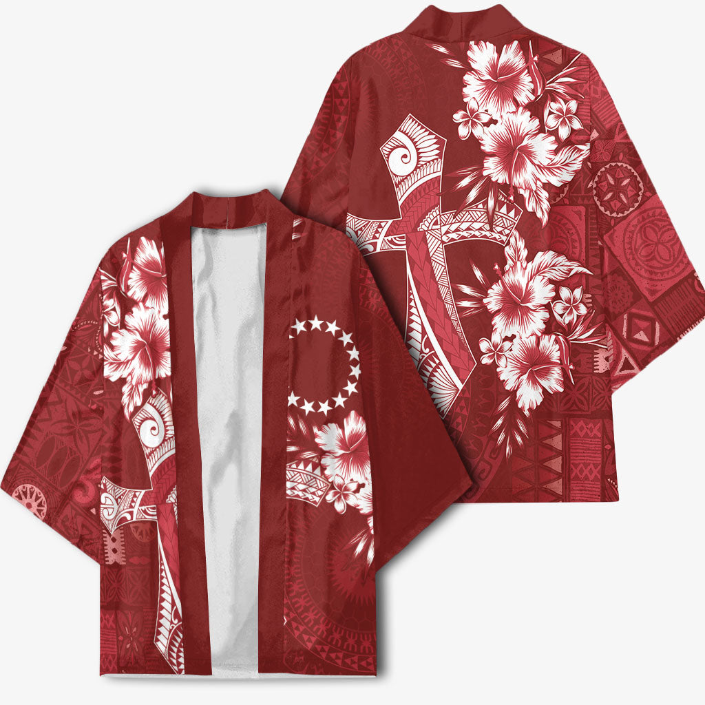 Kia Orana Cook Islands Tapa Floral With Cross Kimono Crimson Red LT7 - Polynesian Pride