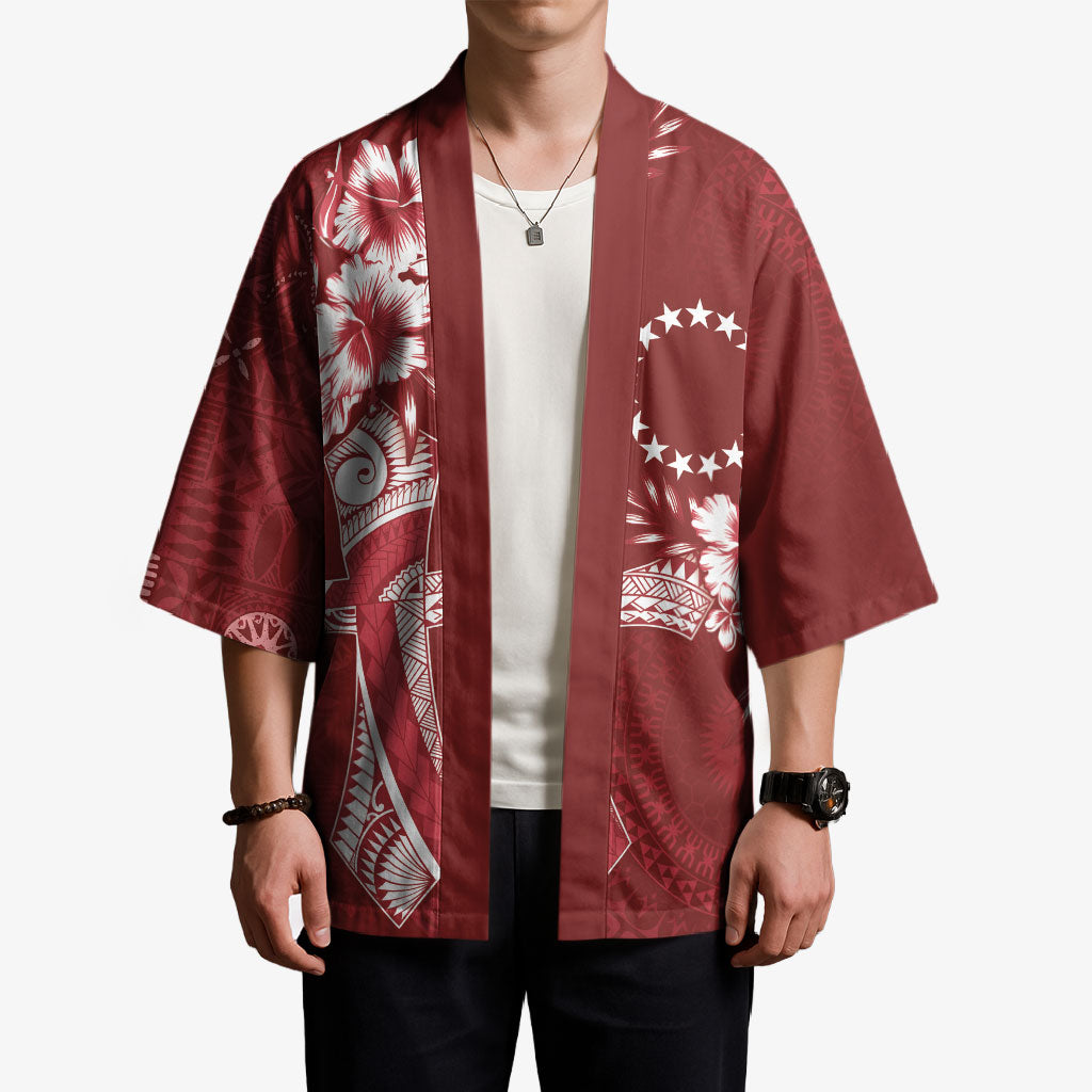 Kia Orana Cook Islands Tapa Floral With Cross Kimono Crimson Red LT7 - Polynesian Pride