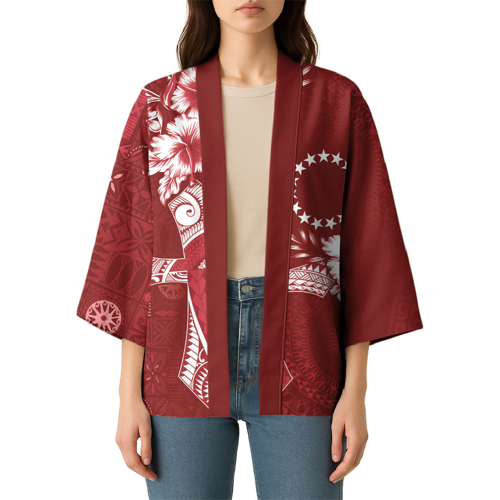 Kia Orana Cook Islands Tapa Floral With Cross Kimono Crimson Red LT7 - Polynesian Pride