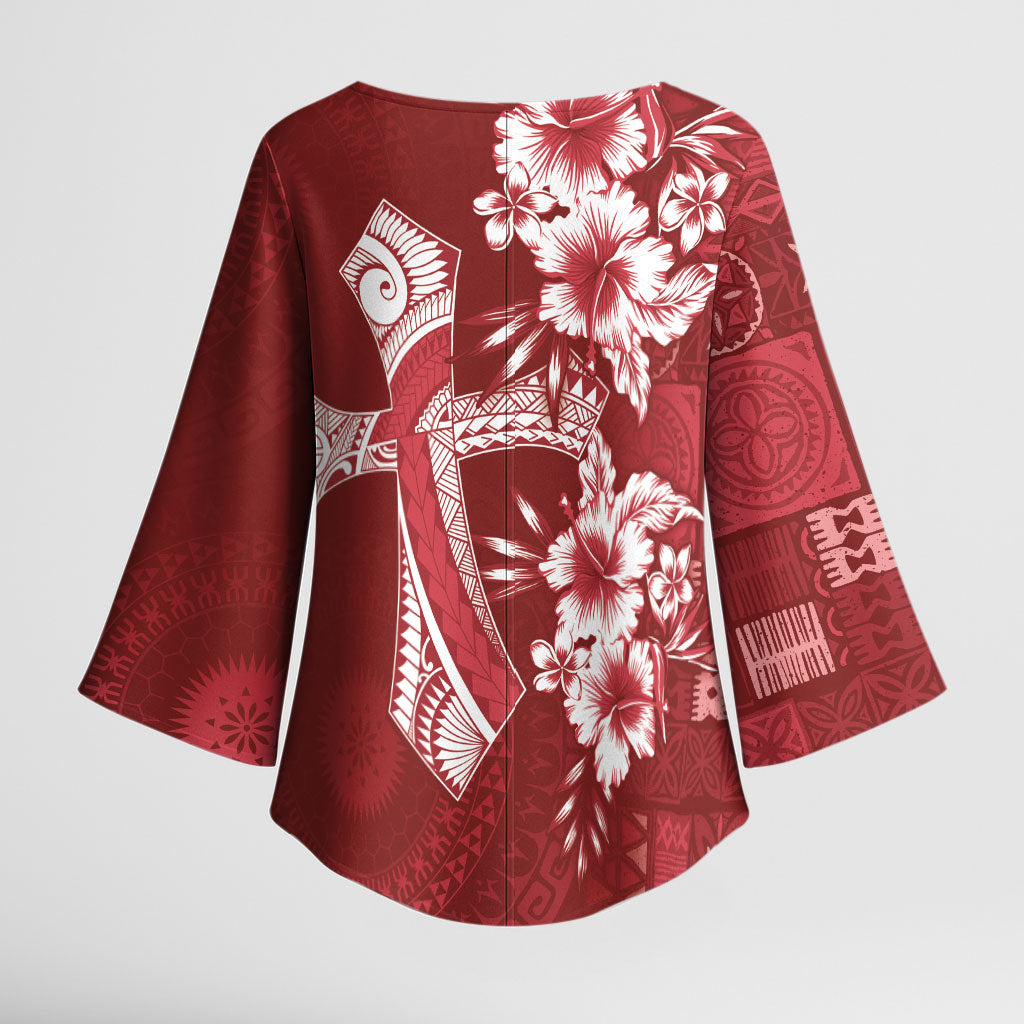 Kia Orana Cook Islands Tapa Floral With Cross Kimono Sleeve Blouse Crimson Red LT7 - Polynesian Pride