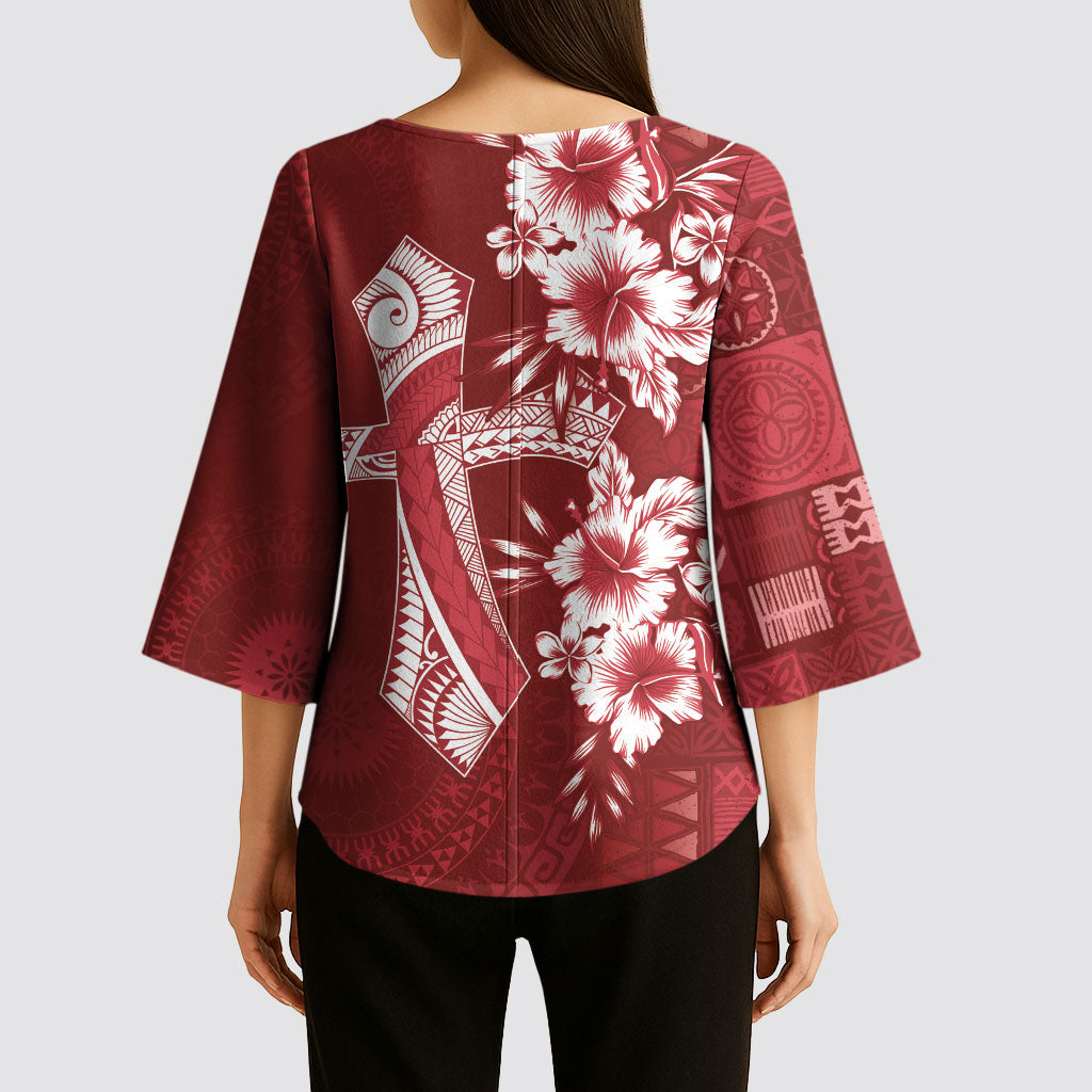 Kia Orana Cook Islands Tapa Floral With Cross Kimono Sleeve Blouse Crimson Red LT7 - Polynesian Pride