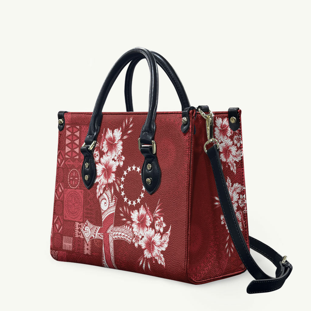 Kia Orana Cook Islands Tapa Floral With Cross Leather Bag Crimson Red LT7 Crimson Red - Polynesian Pride