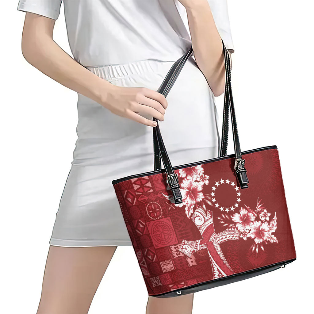 Kia Orana Cook Islands Tapa Floral With Cross Leather Tote Bag Crimson Red LT7 - Polynesian Pride