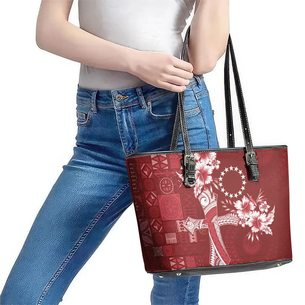Kia Orana Cook Islands Tapa Floral With Cross Leather Tote Bag Crimson Red LT7 - Polynesian Pride