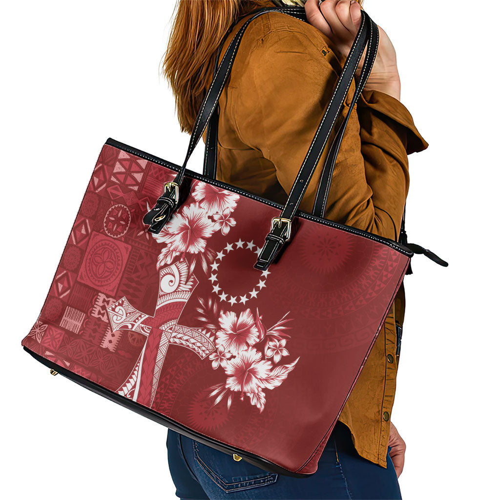 Kia Orana Cook Islands Tapa Floral With Cross Leather Tote Bag Crimson Red LT7 - Polynesian Pride
