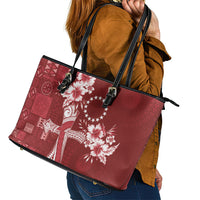 Kia Orana Cook Islands Tapa Floral With Cross Leather Tote Bag Crimson Red LT7 - Polynesian Pride