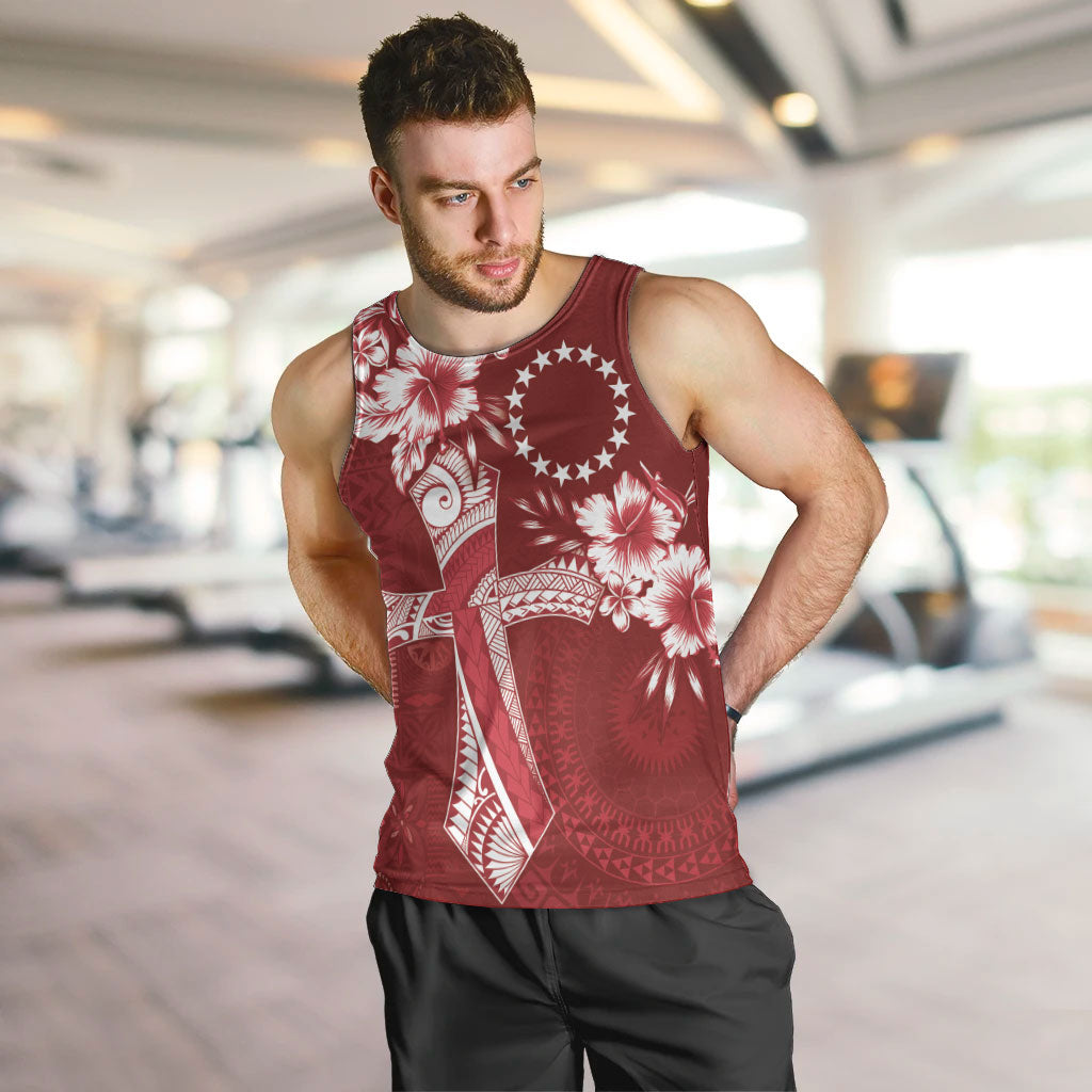 Kia Orana Cook Islands Tapa Floral With Cross Men Tank Top Crimson Red LT7 Crimson Red - Polynesian Pride