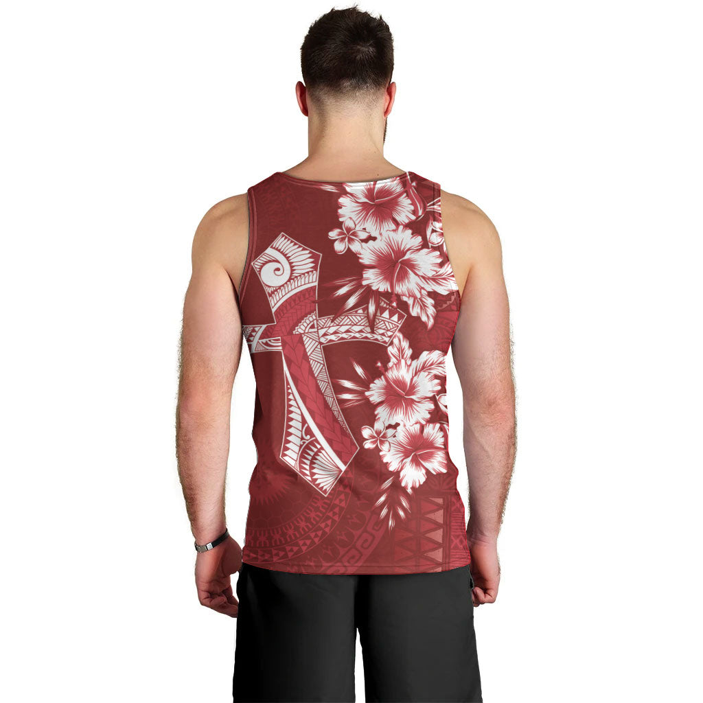 Kia Orana Cook Islands Tapa Floral With Cross Men Tank Top Crimson Red LT7 - Polynesian Pride