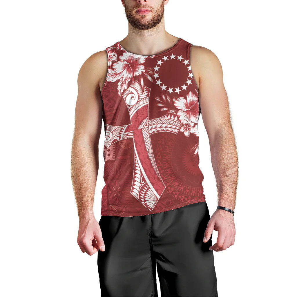 Kia Orana Cook Islands Tapa Floral With Cross Men Tank Top Crimson Red LT7 - Polynesian Pride