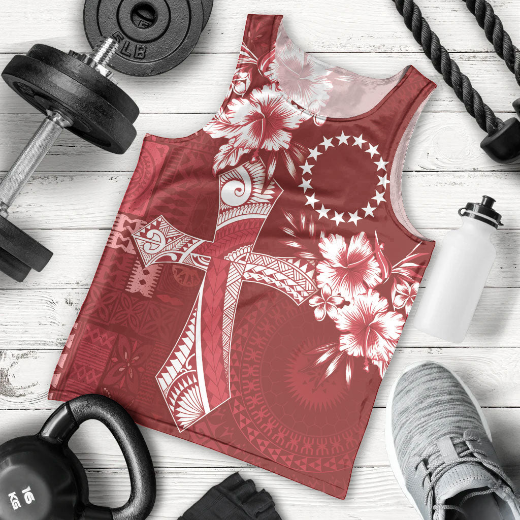 Kia Orana Cook Islands Tapa Floral With Cross Men Tank Top Crimson Red LT7 - Polynesian Pride