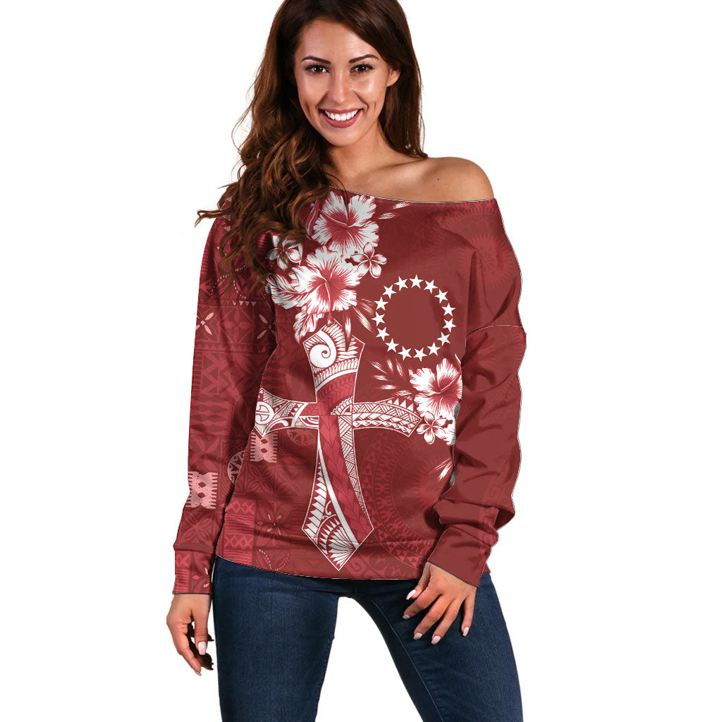 Kia Orana Cook Islands Tapa Floral With Cross Off Shoulder Sweater Crimson Red LT7 Women Crimson Red - Polynesian Pride
