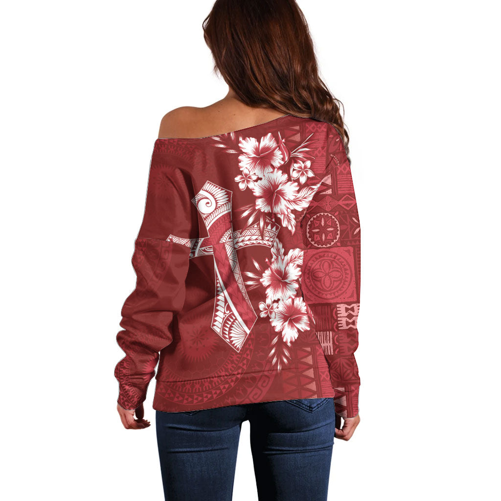 Kia Orana Cook Islands Tapa Floral With Cross Off Shoulder Sweater Crimson Red LT7 - Polynesian Pride
