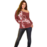 Kia Orana Cook Islands Tapa Floral With Cross Off Shoulder Sweater Crimson Red LT7 - Polynesian Pride