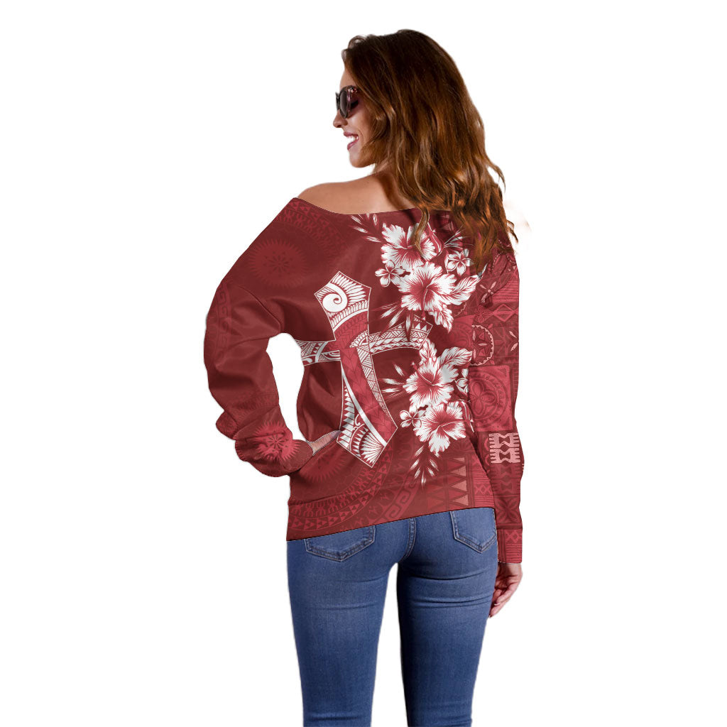 Kia Orana Cook Islands Tapa Floral With Cross Off Shoulder Sweater Crimson Red LT7 - Polynesian Pride