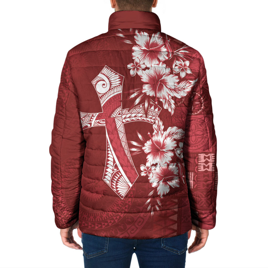 Kia Orana Cook Islands Tapa Floral With Cross Padded Jacket Crimson Red
