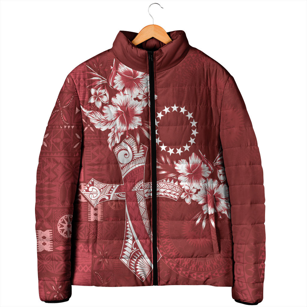 Kia Orana Cook Islands Tapa Floral With Cross Padded Jacket Crimson Red