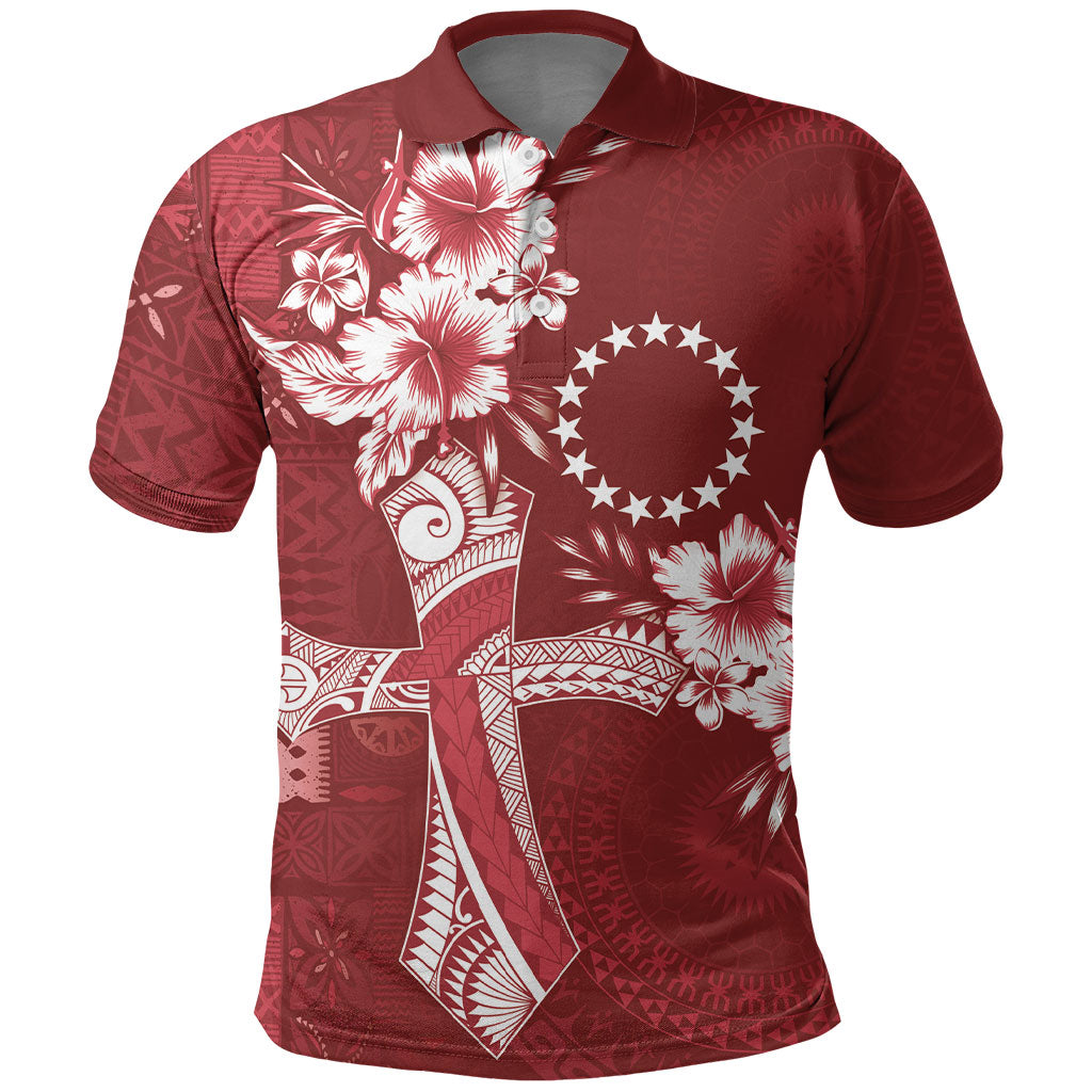Kia Orana Cook Islands Tapa Floral With Cross Polo Shirt Crimson Red LT7 Crimson Red - Polynesian Pride