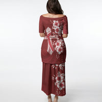Kia Orana Cook Islands Tapa Floral With Cross Puletasi Crimson Red LT7 - Polynesian Pride