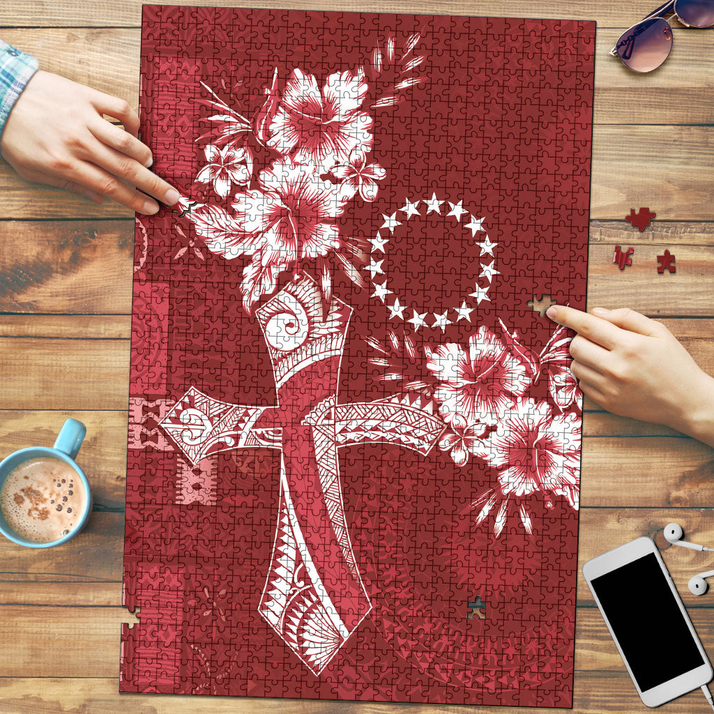 Kia Orana Cook Islands Tapa Floral With Cross Puzzle Crimson Red LT7 Crimson Red - Polynesian Pride