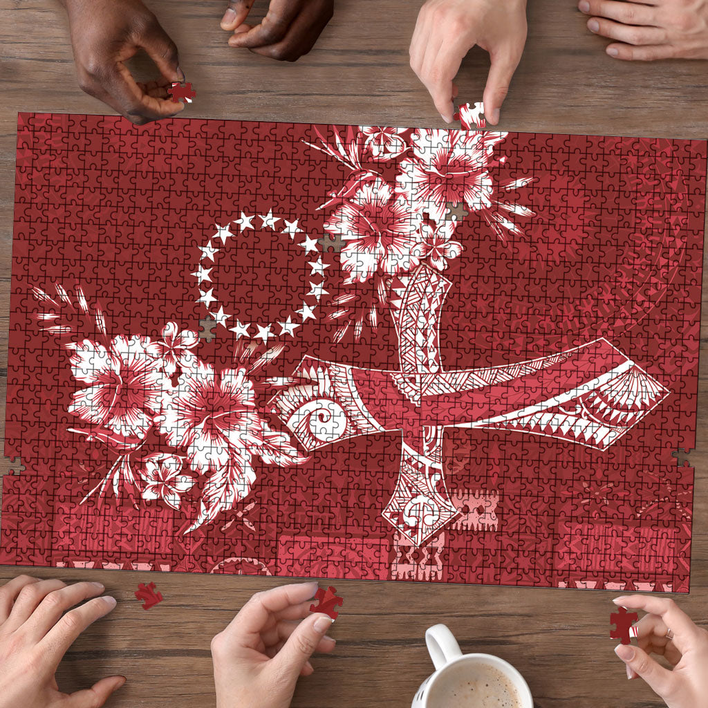 Kia Orana Cook Islands Tapa Floral With Cross Puzzle Crimson Red LT7 - Polynesian Pride