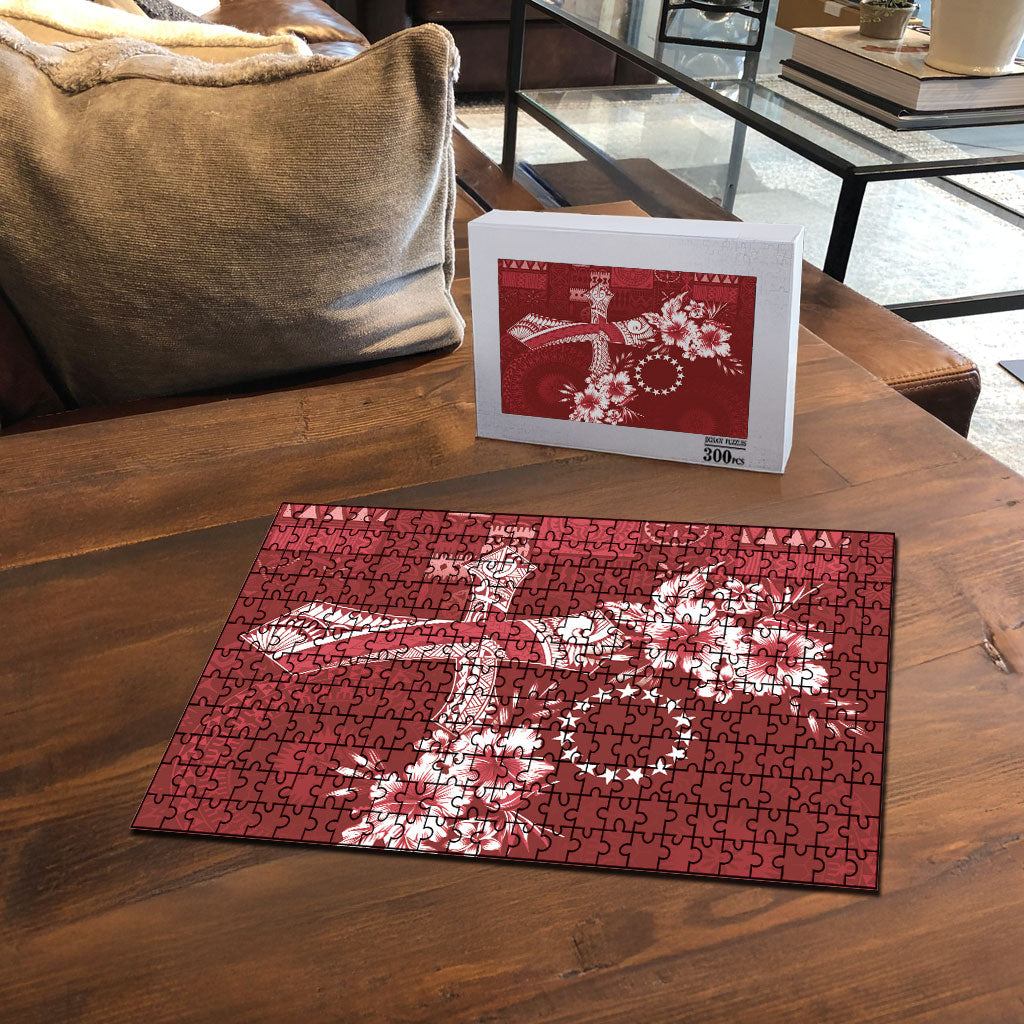 Kia Orana Cook Islands Tapa Floral With Cross Puzzle Crimson Red LT7 - Polynesian Pride