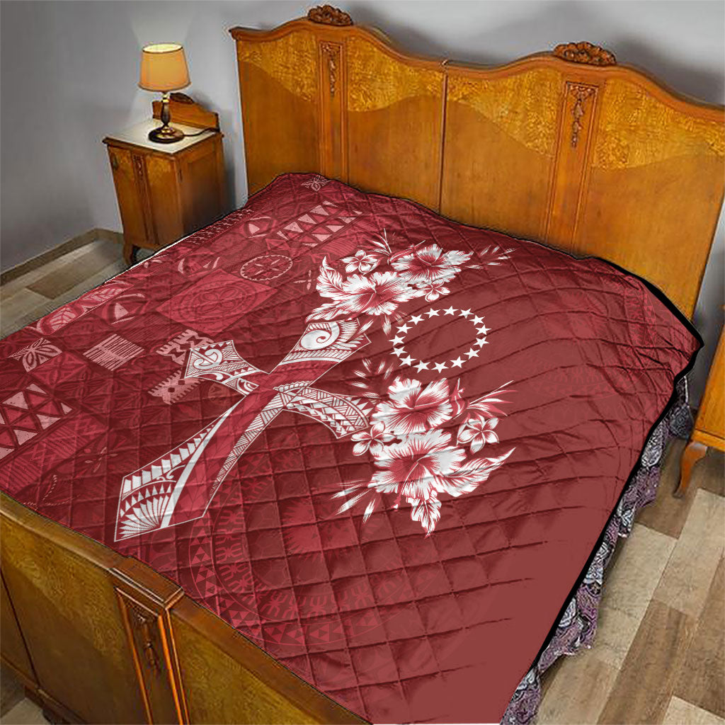Kia Orana Cook Islands Tapa Floral With Cross Quilt Crimson Red LT7 - Polynesian Pride