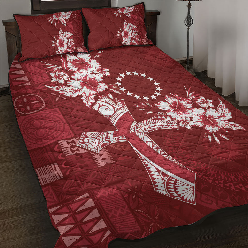 Kia Orana Cook Islands Tapa Floral With Cross Quilt Bed Set Crimson Red LT7 Crimson Red - Polynesian Pride
