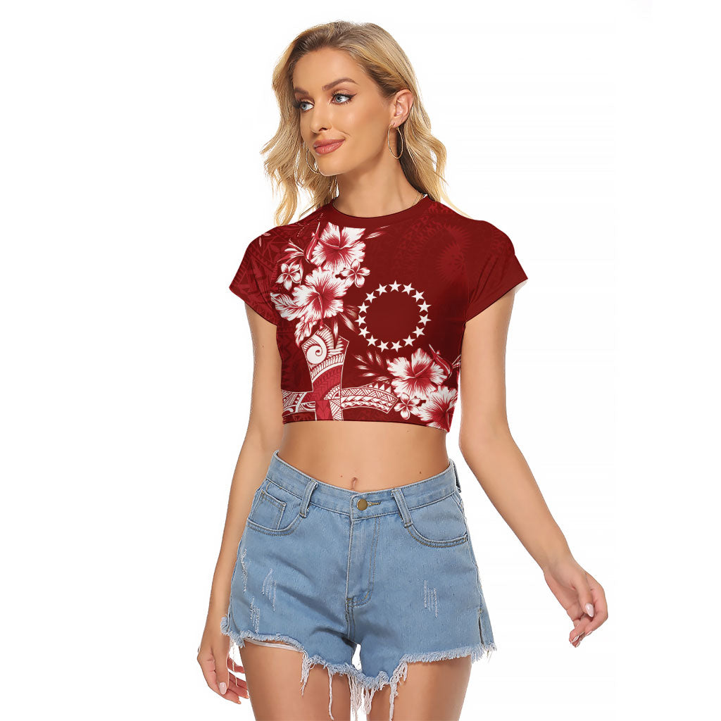Kia Orana Cook Islands Tapa Floral With Cross Raglan Cropped T Shirt Crimson Red LT7 Female Crimson Red - Polynesian Pride