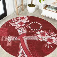 Kia Orana Cook Islands Tapa Floral With Cross Round Carpet Crimson Red LT7 Crimson Red - Polynesian Pride