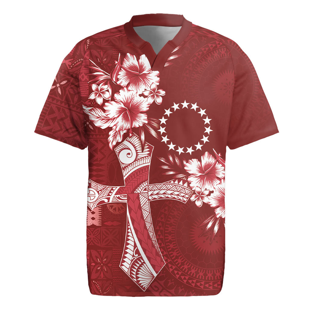 Kia Orana Cook Islands Tapa Floral With Cross Rugby Jersey Crimson Red LT7 Crimson Red - Polynesian Pride