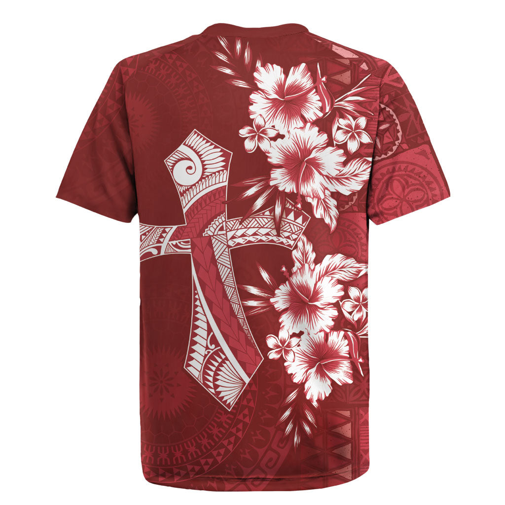 Kia Orana Cook Islands Tapa Floral With Cross Rugby Jersey Crimson Red LT7 - Polynesian Pride