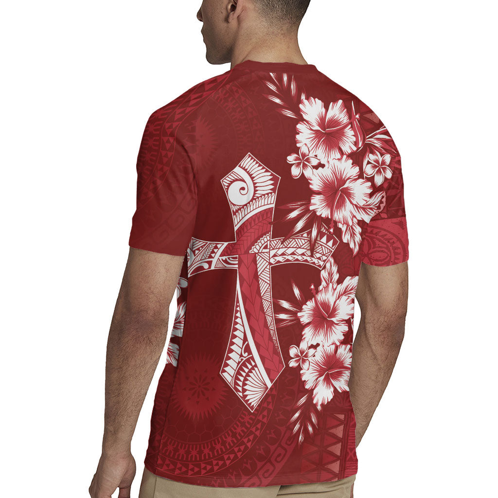 Kia Orana Cook Islands Tapa Floral With Cross Rugby Jersey Crimson Red LT7 - Polynesian Pride