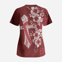 Kia Orana Cook Islands Tapa Floral With Cross Scrub Top Crimson Red LT7 - Polynesian Pride