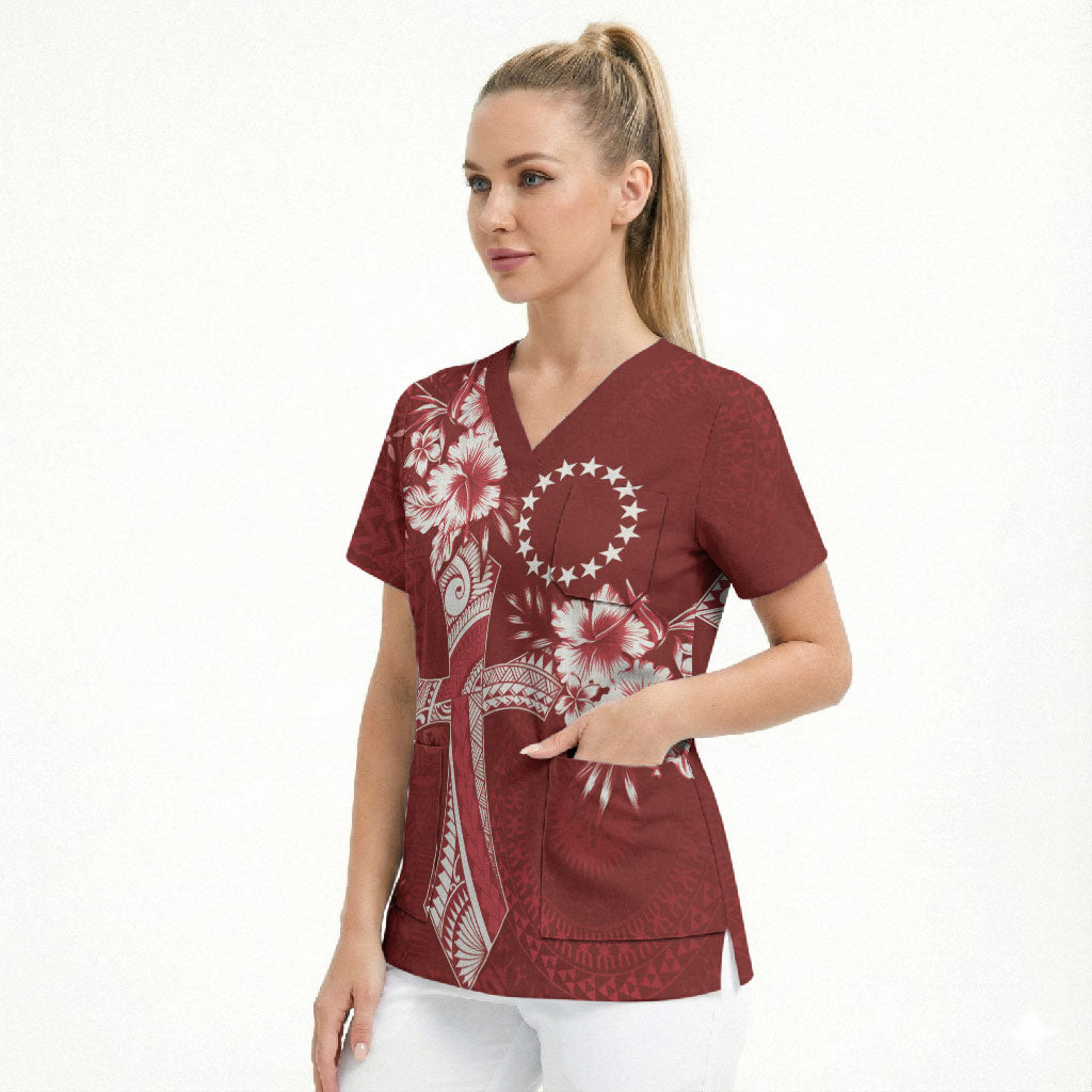 Kia Orana Cook Islands Tapa Floral With Cross Scrub Top Crimson Red LT7 - Polynesian Pride