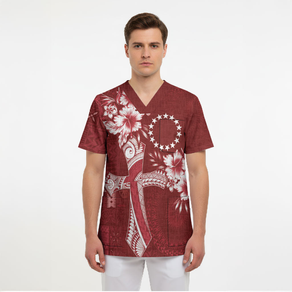 Kia Orana Cook Islands Tapa Floral With Cross Scrub Top Crimson Red LT7 - Polynesian Pride