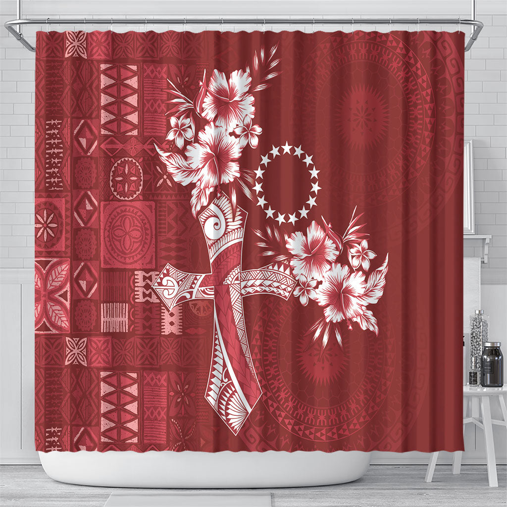 Kia Orana Cook Islands Tapa Floral With Cross Shower Curtain Crimson Red LT7 - Polynesian Pride