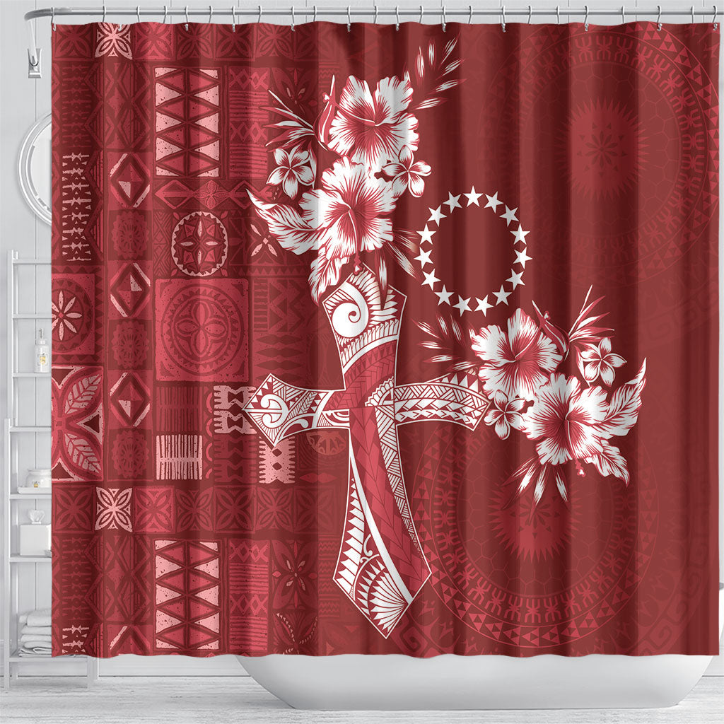 Kia Orana Cook Islands Tapa Floral With Cross Shower Curtain Crimson Red LT7 - Polynesian Pride