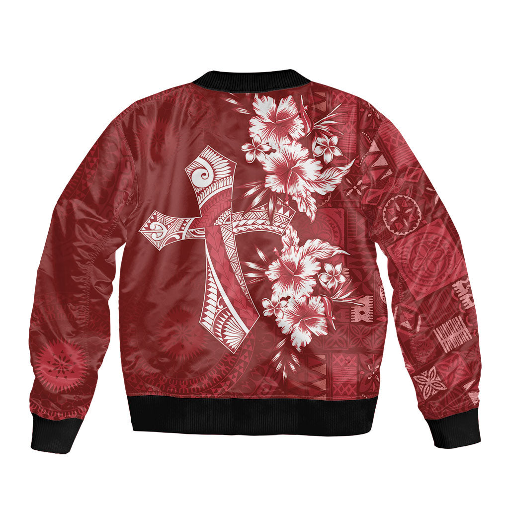 Kia Orana Cook Islands Tapa Floral With Cross Sleeve Zip Bomber Jacket Crimson Red LT7 - Polynesian Pride