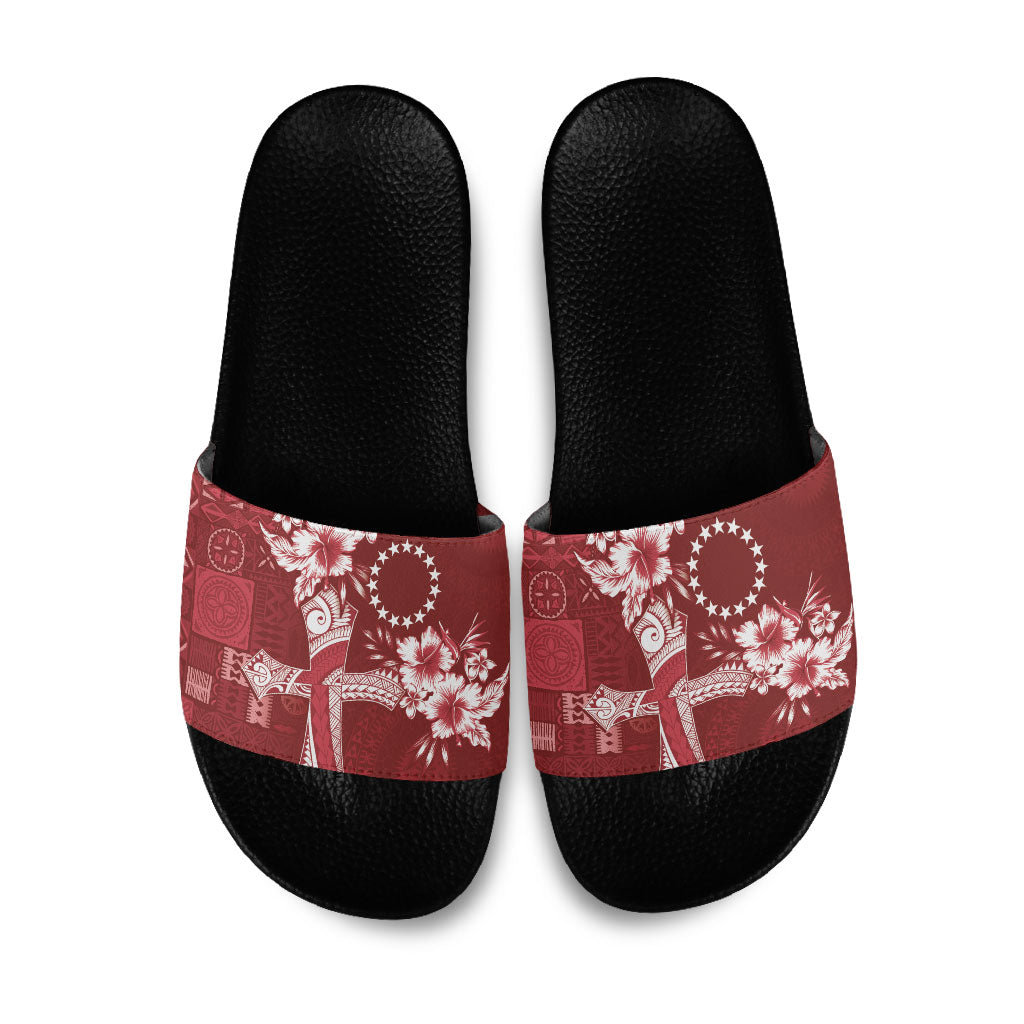 Kia Orana Cook Islands Tapa Floral With Cross Slide Sandals Crimson Red LT7 Crimson Red - Polynesian Pride