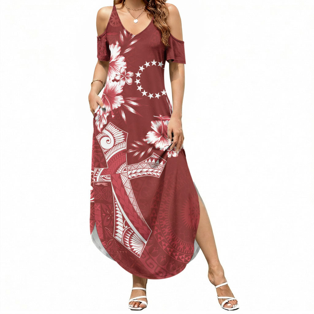 Kia Orana Cook Islands Tapa Floral With Cross Summer Maxi Dress Crimson Red